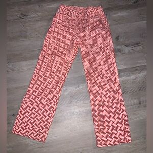 (Bin 3)  Ragged Jeans, straight leg geometric patterned red/white jeans, Size 28